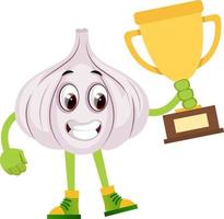 Garlic holding trophy, illustration, vector on white background.