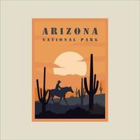 arizona national park minimalist vintage poster illustration template graphic design.cowboy and horse at desert cactus at landscape sunset view for business travel vector