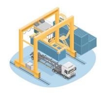 importación exportación con contenedor grúa pórtico muelle logística negocio envío camión aislado vector