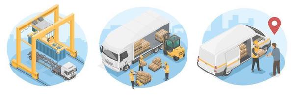 logistic process management diagram concept with shipping warehouse and delivery isometric vector symbols