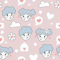 Romantic seamless pattern Valentine's Day. Be my Valentine. Couple in love, hearts, cloud, flowers on a pink background. Vector. Girl and boy. For card, textile, wrapping paper, web, stationery vector