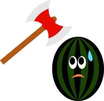 Scared watermelon and axe, illustration, vector on white background.