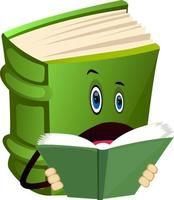 Cartoon book character is reading a book, illustration, vector on white background.