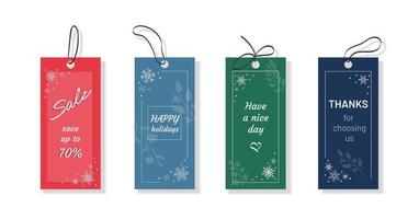 Set of vertical tags in beautiful winter color scheme, with hand drawn twigs and snowflakes. Elegant templates of labels, with samples of text. Messages for customers, greetings, sale ads, wishes vector