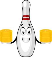 Bowling pin with coins, illustration, vector on white background.