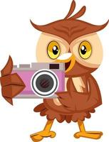 Owl with camera, illustration, vector on white background.