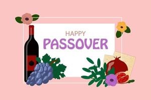 Passover frame for your design with matzah and spring flowers. Happy Passover inscription. Jewish holiday background. vector