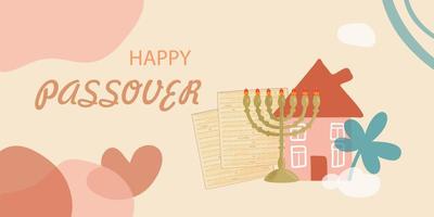 Happy Passover greeting card. Traditional jewish matzo, menorah and trendy geometric shapes vector