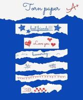 Collection of white school lined torn paper strips on blue background. Realistic torn paper with torn edges with doodle. Ripped notes, scraps of notebook pages. Vector scrapbooking illustration.