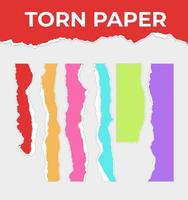 Collection of colorful torn paper strips. Realistic torn paper with torn edges. Ripped notes, scraps of notebook pages. Vector scrapbooking illustration.