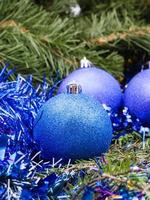 blue violet Christmas baubles, tinsel, Xmas tree 2 photo