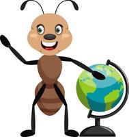 Ant with globe, illustration, vector on white background.