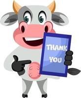 Cow with thank you sign, illustration, vector on white background.