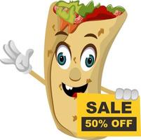 Burrito with sale sign, illustration, vector on white background.