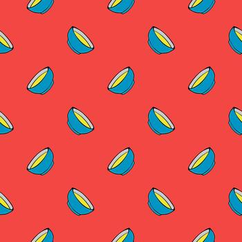 tazón con sopa amarilla, patrón sin costuras sobre fondo rojo. vector