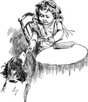 Little girl sitting, vintage illustration. vector