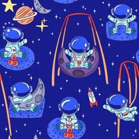 Cute Space cadets. Kid or Baby astronauts playing space themed toys. Seamless pattern. Great for Spring or Summer fabric, scrap-booking, gift-wrap, wallpaper, product design. Surface design. Vector