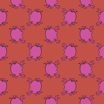 Violet crabs ,seamless pattern on red background. vector