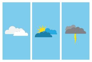 Vertical posters set with clouds. Weather forecast app widgets. Thunderstorm, clouds, sunny day. Vector illustration.