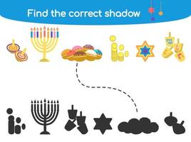 encontrar el juego de niños de sombra correcto con ilustración de vector de símbolos tradicionales de hanukkah