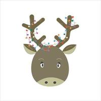 lindo reno de dibujos animados con luces multicolores de navidad en sus cuernos. tarjeta de felicitación de navidad vector