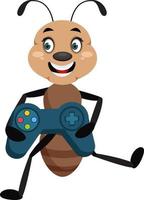 Ant with gamepad, illustrator, vector on white background.