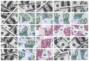 A collage of many images of euro banknotes in denominations of 100 and 500 euros lying in the heap photo