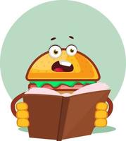 Burger is reading a book, illustration, vector on white background.