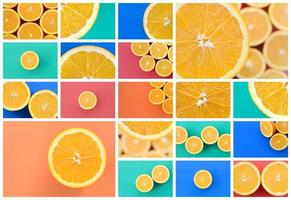 A collage of many pictures with juicy oranges. Set of images with fruits and different colors photo