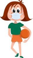 Chica con pelota de baloncesto, ilustración, vector sobre fondo blanco.