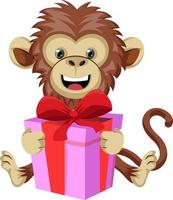 Monkey with birthday present, illustration, vector on white background.