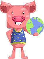 Pig with planet earth, illustration, vector on white background.