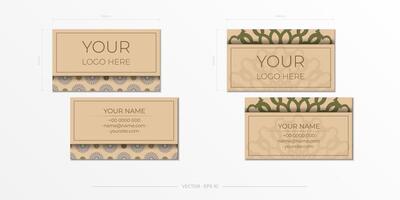 Business card design in beige color with luxurious ornaments. Vector business cards with place for your text and abstract patterns.