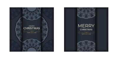 Brochure template Merry Christmas and Happy New Year in dark blue color with luxury blue pattern vector