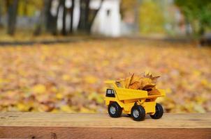 The concept of seasonal harvesting of autumn fallen leaves is depicted in the form of a toy yellow truck loaded with leaves against the background of the autumn park photo