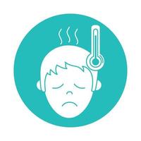 virus covid 19 pandemic boy with fever thermometer block style icon vector