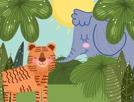 cute elephant and tiger in the field with trees foliage nature cartoon vector