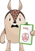 Armadillo fail in exam, illustration, vector on white background.