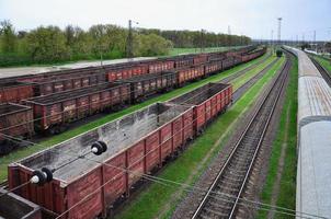 PAVLOGRAD. UKRAINE - MARCH 4, 2019 A huge number empty freight cars are in the Pavlograd railway de photo