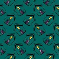 Small green houses, seamless pattern on dark green background. vector
