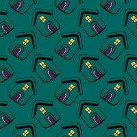 Small green houses, seamless pattern on dark green background. vector