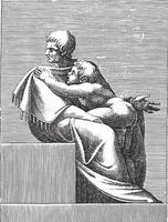 Seated Man with Child, Adamo Scultori, after Michelangelo, 1585, vintage illustration. vector