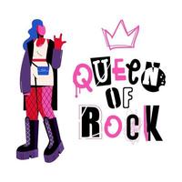 la reina del rock and roll es una inscripción con letras dibujadas a mano. una corona al estilo de un boceto, garabato. punk, rock, anarquía vector