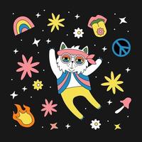 Retro hippie cat in the style of the 60s, 70s. Psychedelic good vibes. Vintage, hallucination, mushrooms, trip, acid vector