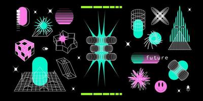 A set strange warframe futurism 3d . Futuristic geometric shapes geometric in style cyberpunk. Acidic y2k objects vector