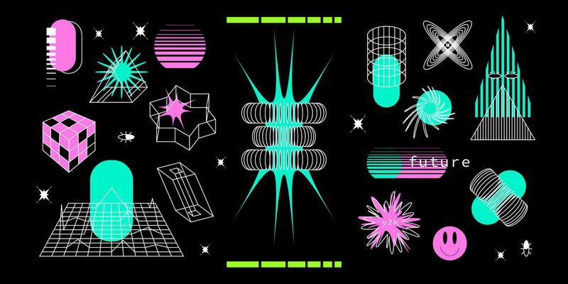 A set strange warframe futurism 3d . Futuristic geometric shapes geometric in style cyberpunk. Acidic y2k objects