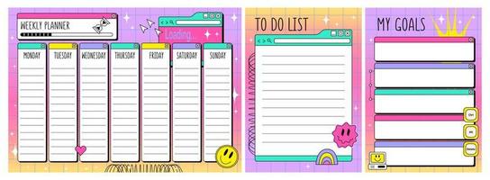 Weekly planner and To Do List  in y2k style. Kids Retrowave schedule design template vector