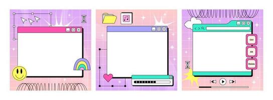 Set of sheets for writing in the y2k style. Retro interface of an old computer with a bright color. Retro wave and vaporwave vector