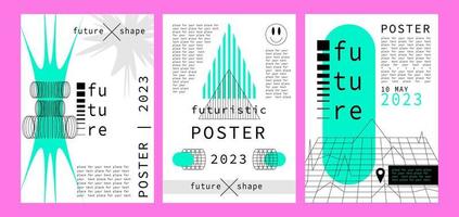 un conjunto de carteles con un extraño warframe futurismo 3d. formas geométricas futuristas estilo geométrico cyberpunk y y2k vector