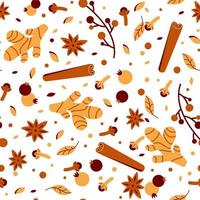 Seamless pattern with herbs and spices. Background, print for textiles. Cinnamon, cloves, ginger for recipes and cooking vector